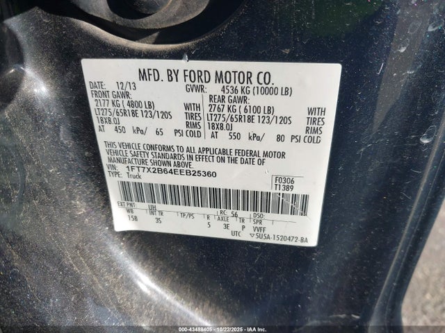 2014 Ford F-250 Xlt მანქანა იყიდება აუქციონზე, vin: 1FT7X2B64EEB25360, აუქციონის ნომერი: 43488405
