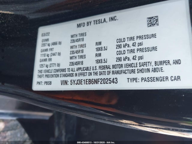 2022 TESLA MODEL 3 5YJ3E1EB6NF202543 Photo 8