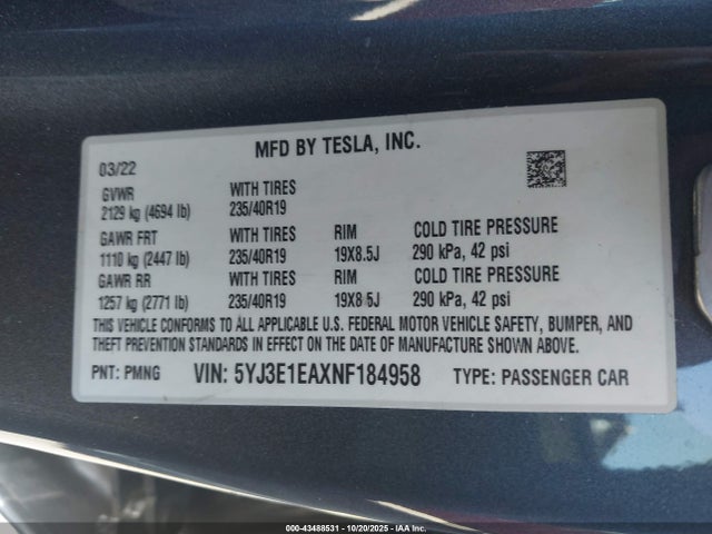 2022 TESLA MODEL 3 5YJ3E1EAXNF184958 Photo 8