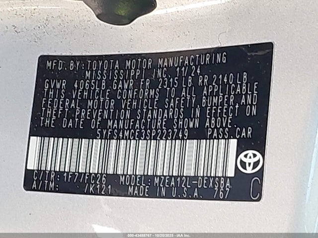 Продажа на аукционе авто 2025 Toyota Corolla Se, vin: 5YFS4MCE3SP223749, номер лота: 43488767