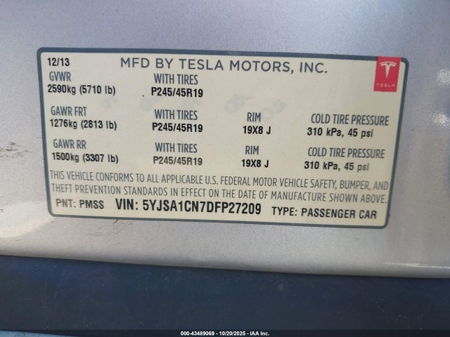 2013 TESLA MODEL S 5YJSA1CN7DFP27209 Photo 8