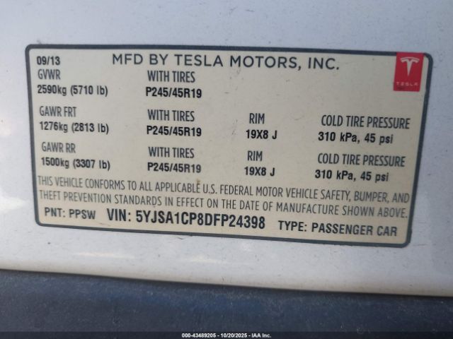 2013 TESLA MODEL S 5YJSA1CP8DFP24398 Photo 8