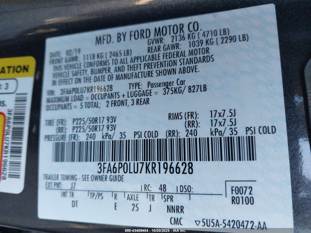 2019 Ford Fusion Hybrid Se მანქანა იყიდება აუქციონზე, vin: 3FA6P0LU7KR196628, აუქციონის ნომერი: 43489404