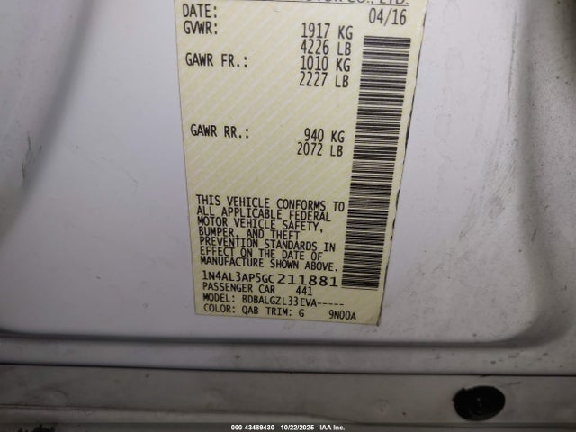 1N4AL3AP5GC211881 Nissan Altima 2.5/2.5 S/2.5 Sl/2.5 Sr/2.5 Sv