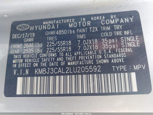 Продаж на аукціоні авто 2020 Hyundai Tucson Ultimate, vin: KM8J3CAL2LU205592, номер лоту: 43489445