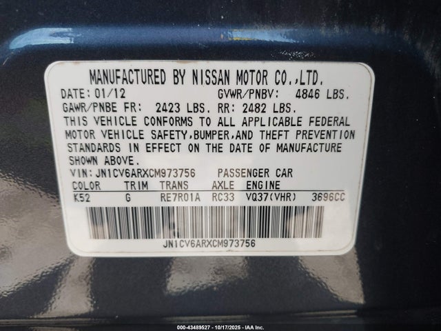 2012 Infiniti G37x მანქანა იყიდება აუქციონზე, vin: JN1CV6ARXCM973756, აუქციონის ნომერი: 43489527