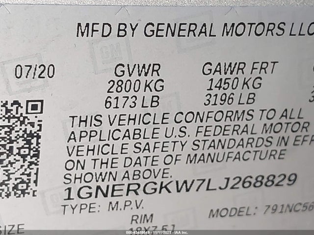 1GNERGKW7LJ268829 Chevrolet Traverse Lt Cloth