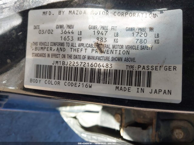 Продаж на аукціоні авто 2002 Mazda Protege Dx/es/lx, vin: JM1BJ225721606483, номер лоту: 43489761