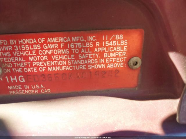 1989 HONDA CIVIC 1HGED3650KA019242 Photo 8