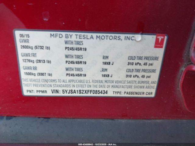 2015 TESLA MODEL S 5YJSA1S2XFF085434 Photo 8