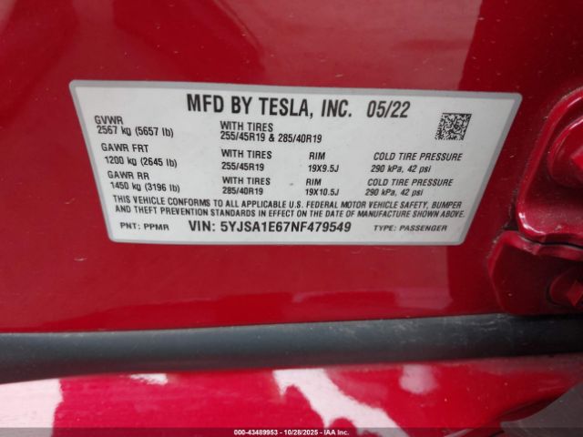 2022 TESLA MODEL S 5YJSA1E67NF479549 Photo 8