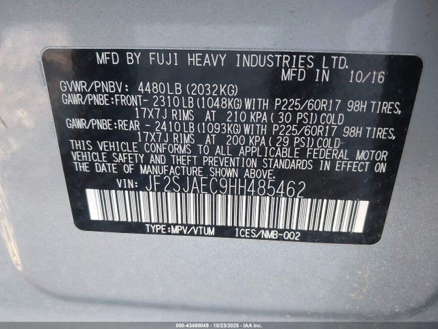 Subaru Forester 2.5i Premium 2017 JF2SJAEC9HH485462 Image 9