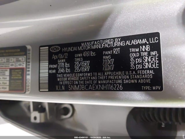 2022 Hyundai Tucson Sel მანქანა იყიდება აუქციონზე, vin: 5NMJBCAEXNH116226, აუქციონის ნომერი: 43490101