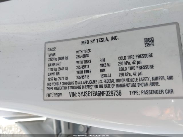 2022 TESLA MODEL 3 5YJ3E1EA6NF329736 Photo 8