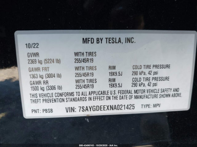 2022 TESLA MODEL Y 7SAYGDEEXNA021425 Photo 8