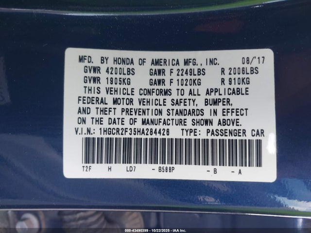 1HGCR2F35HA284426 Honda k24w1
