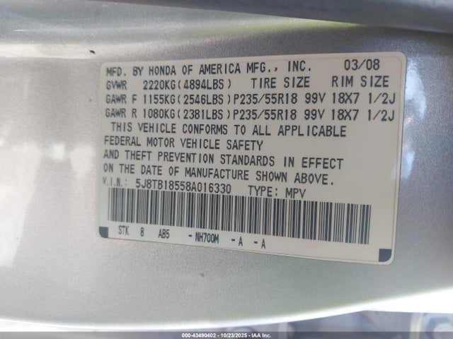 43490402 :رقم المزاد ، 5J8TB18558A016330 vin ، 2008 Acura Rdx مزاد بيع