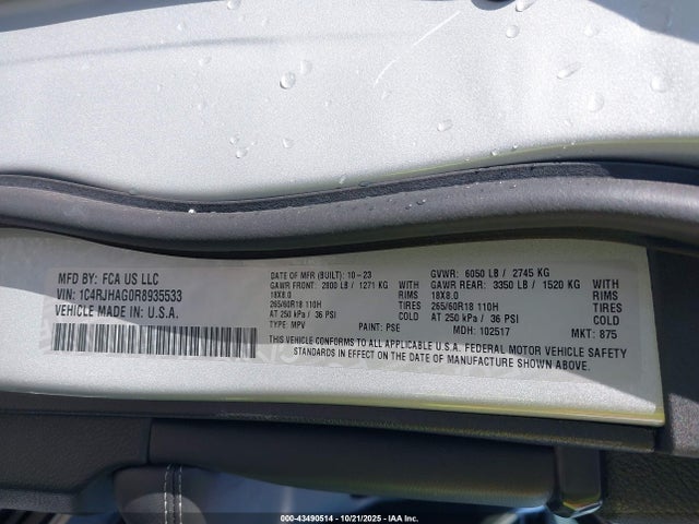 43490514 :رقم المزاد ، 1C4RJHAG0R8935533 vin ، 2024 Jeep Grand Cherokee Altitude 4x4 مزاد بيع
