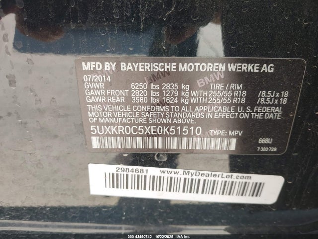 43490742 :رقم المزاد ، 5UXKR0C5XE0K51510 vin ، 2014 Bmw X5 Xdrive35i مزاد بيع