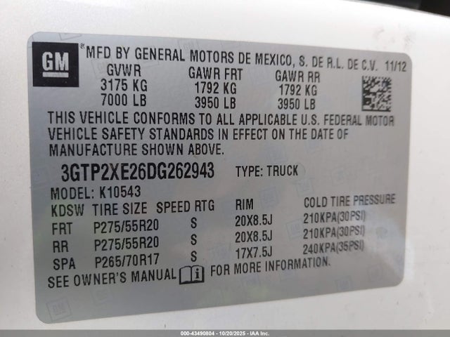 Продаж на аукціоні авто 2013 Gmc Sierra 1500 Denali, vin: 3GTP2XE26DG262943, номер лоту: 43490804