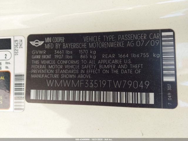 2009 MINI COOPER WMWMF33519TW79049 Photo 8