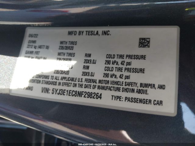2022 TESLA MODEL 3 5YJ3E1EC8NF298264 Photo 8