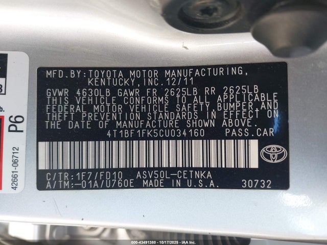 Aukcja sprzedaży 2012 Toyota Camry Le, vin: 4T1BF1FK5CU034160, numer aukcji: 43491380