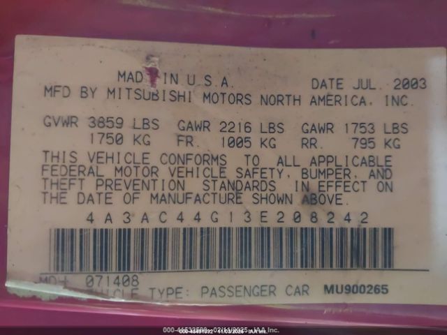 2003 MITSUBISHI ECLIPSE 4A3AC44G13E208242 Photo 8