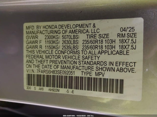 Продаж на аукціоні авто 2025 Honda Cr-v Hybrid Sport-l, vin: 7FARS6H83SE092051, номер лоту: 43491494