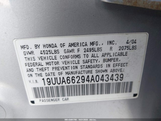 Продаж на аукціоні авто 2004 Acura Tl, vin: 19UUA66294A043439, номер лоту: 43491765
