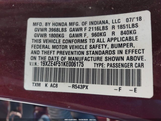 Honda INSIGHT EX 2019 19XZE4F51KE006175 Image 9