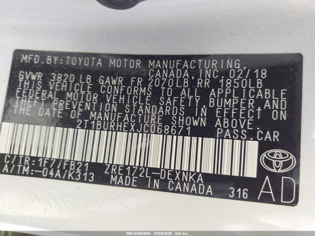 Продажа на аукционе авто 2018 Toyota Corolla Le, vin: 2T1BURHEXJC068671, номер лота: 43491955