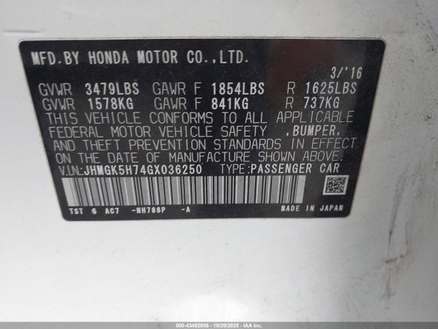 2016 HONDA FIT JHMGK5H74GX036250 Photo 8