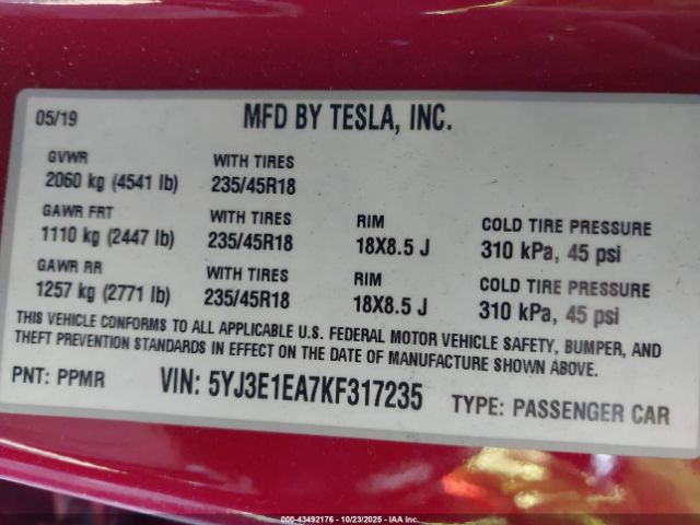2019 TESLA MODEL 3 5YJ3E1EA7KF317235 Photo 8