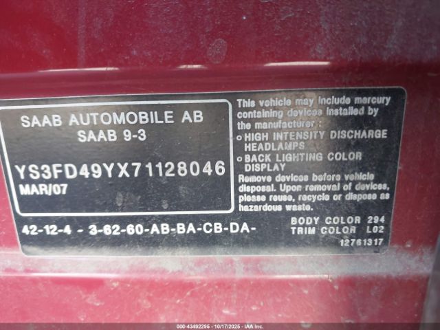 2007 SAAB 9-3 YS3FD49YX71128046 Photo 8