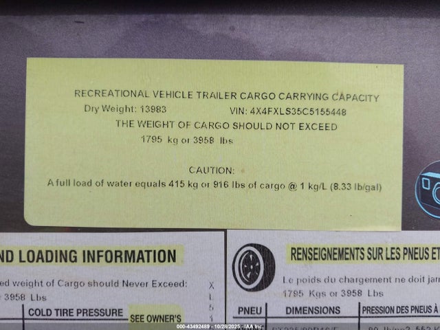 Продаж на аукціоні авто 2012 Forest River Slr Thunderbolt 40x12 5th Whl Toy Hauler Travel Trailer, vin: 4X4FXLS35C5155448, номер лоту: 43492489