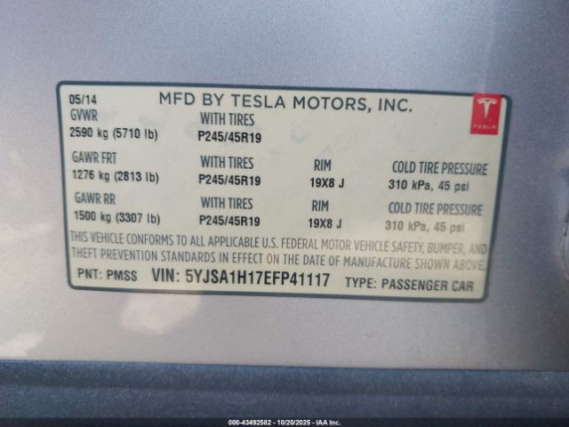 2014 TESLA MODEL S 5YJSA1H17EFP41117 Photo 8