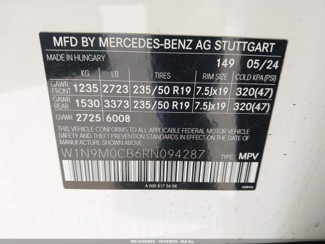 Продаж на аукціоні авто 2024 Mercedes-benz Eqb 250 Suv, vin: W1N9M0CB6RN094287, номер лоту: 43492653