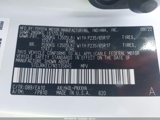 43492746 :رقم المزاد ، 5TDJRKEC7NS135845 vin ، 2022 Toyota Sienna Xle مزاد بيع