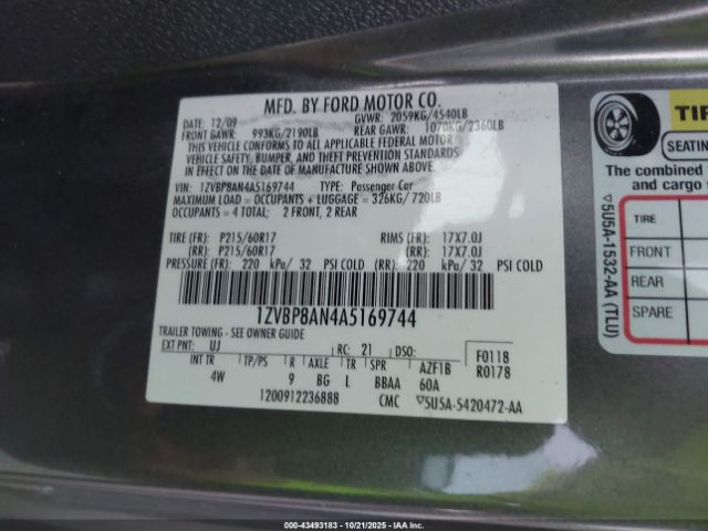 2010 FORD MUSTANG 1ZVBP8AN4A5169744 Photo 8