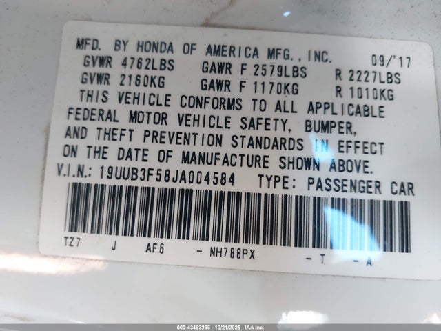 2018 Acura Tlx Tech Pkg მანქანა იყიდება აუქციონზე, vin: 19UUB3F58JA004584, აუქციონის ნომერი: 43493265