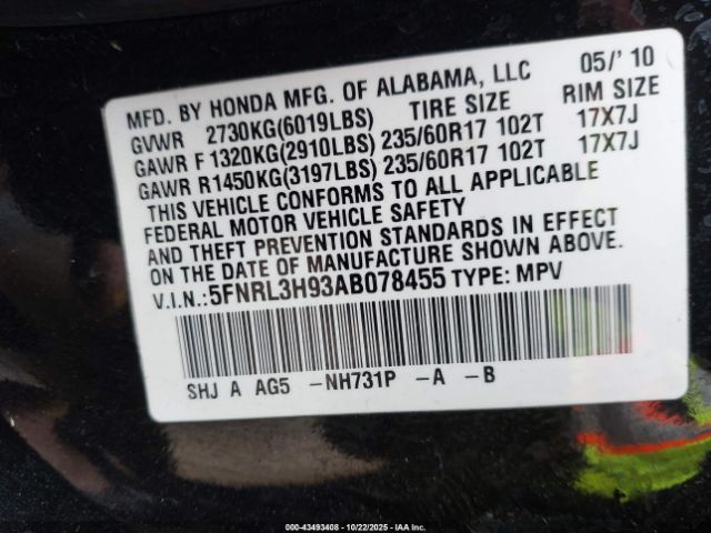 2010 HONDA ODYSSEY 5FNRL3H93AB078455 Photo 8