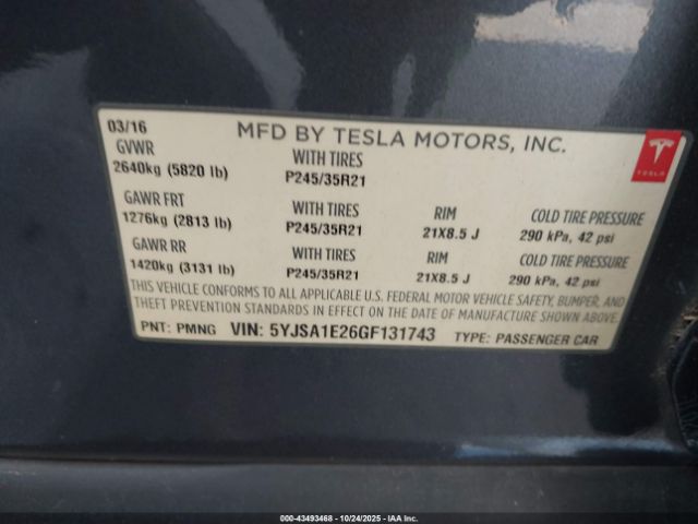2016 TESLA MODEL S 5YJSA1E26GF131743 Photo 8