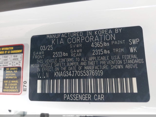 43493607 :رقم المزاد ، KNAG34J70S5376919 vin ، 2025 Kia K5 Ex مزاد بيع