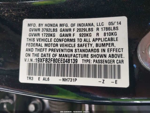43493639 :رقم المزاد ، 19XFB2F80EE048139 vin ، 2014 Honda Civic Ex مزاد بيع
