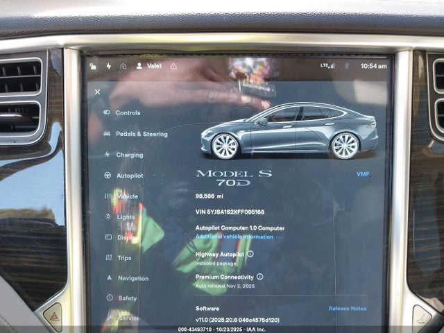 43493710 :رقم المزاد ، 5YJSA1S2XFF095168 vin ، 2015 Tesla Model S 70d/85d/p85d مزاد بيع