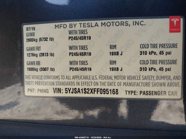 43493710 :رقم المزاد ، 5YJSA1S2XFF095168 vin ، 2015 Tesla Model S 70d/85d/p85d مزاد بيع