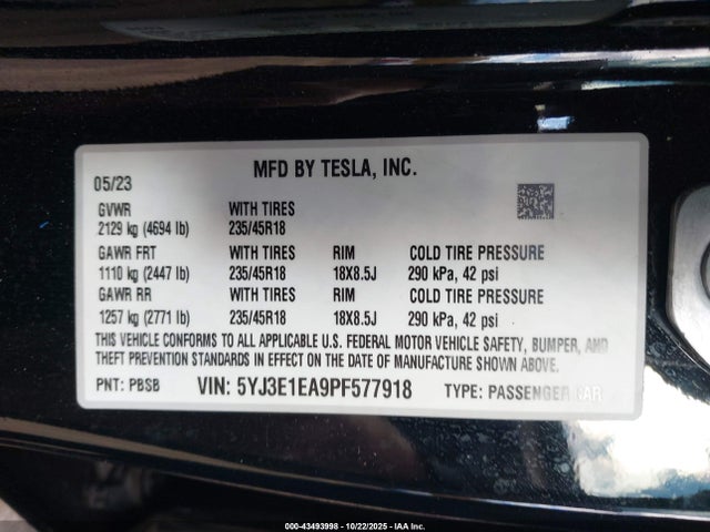 43493998 :رقم المزاد ، 5YJ3E1EA9PF577918 vin ، 2023 Tesla Model 3 Rear-wheel Drive مزاد بيع