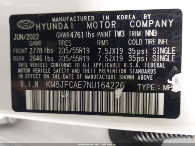 2022 HYUNDAI TUCSON KM8JFCAE7NU164226 Photo 8