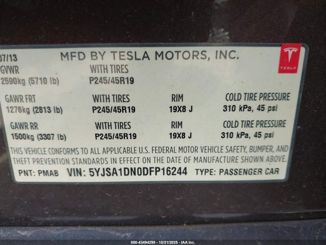 2013 TESLA MODEL S 5YJSA1DN0DFP16244 Photo 8